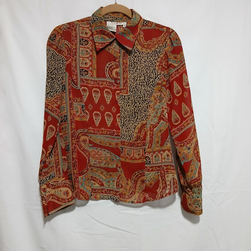 Como Paisley Blouse Animal Print Career Top Long Sleeve Button Up S